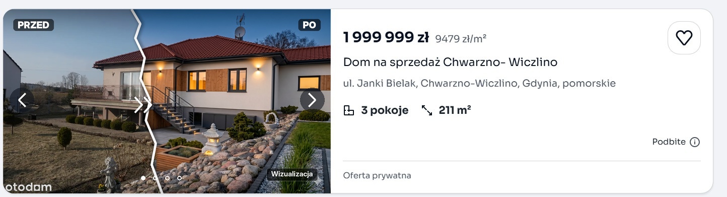 Podgląd karty ogłoszenia Otodom z porównaniem stanu obecnego i propozycji metamorfozy